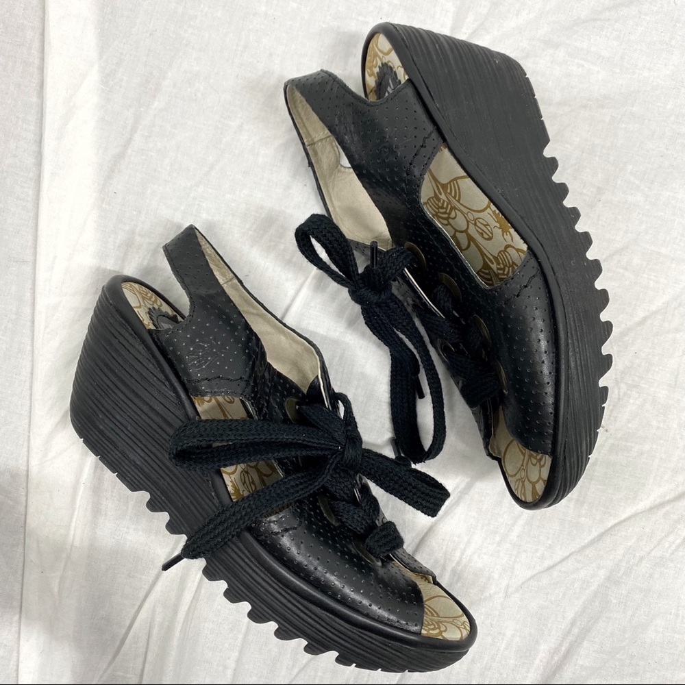 FLY LONDON Ylfa black leather perforated lace-up wedge sandals